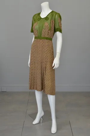 1930s Novelty Print Olive Green Chiffon Appliqué Dress