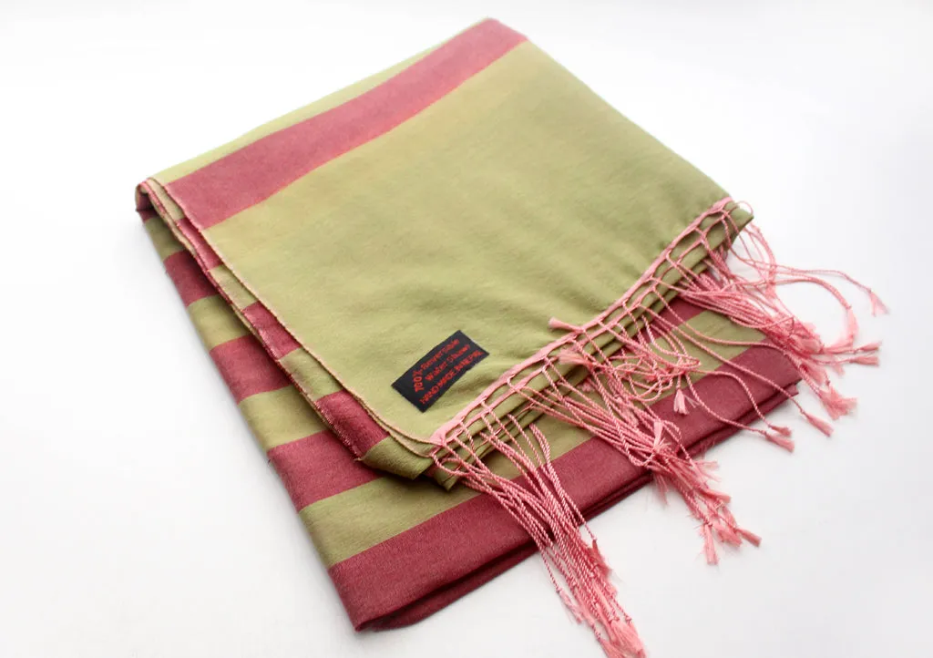 100% Reversible Dark Pink Striped Green Water Pashmina Shawl