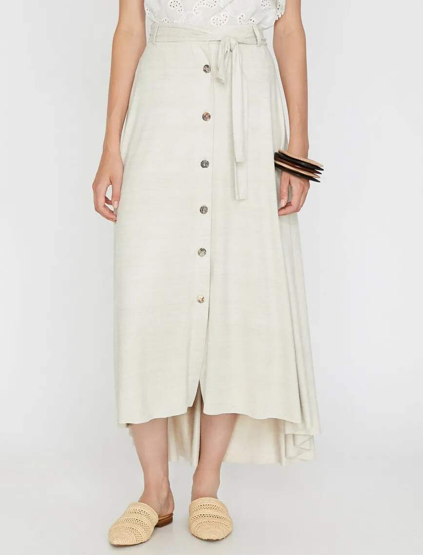 12063 Beige Waist Detailed Midi Skirt