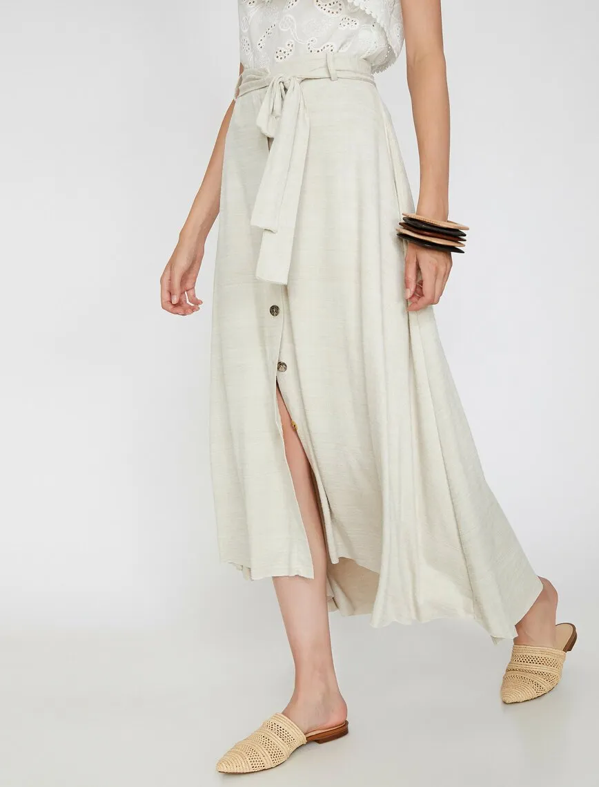 12063 Beige Waist Detailed Midi Skirt