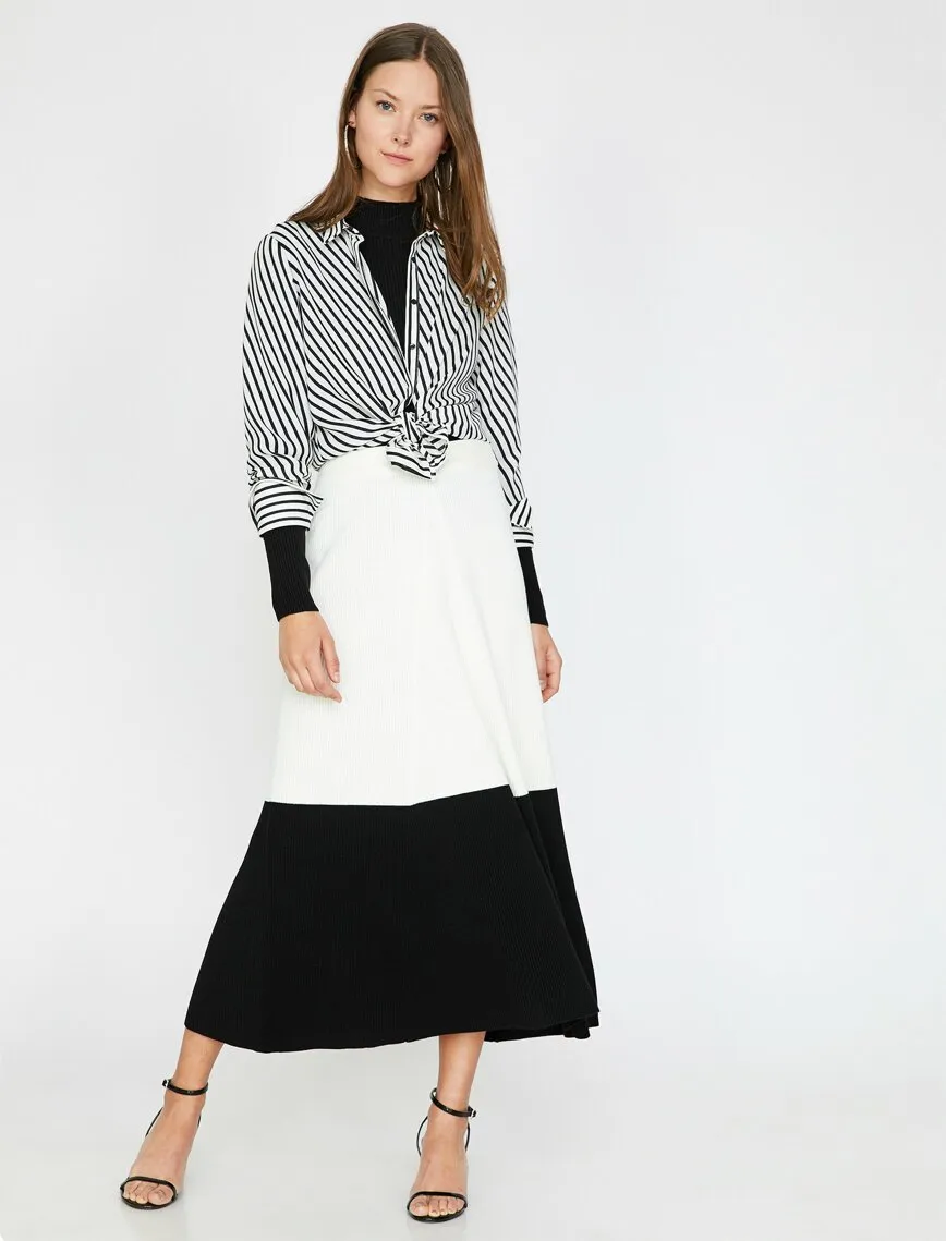 12177 White Colour Block Midi Skirt