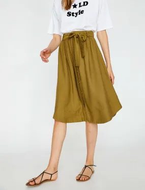 12279 Khaki Tie Waist Midi Skirt