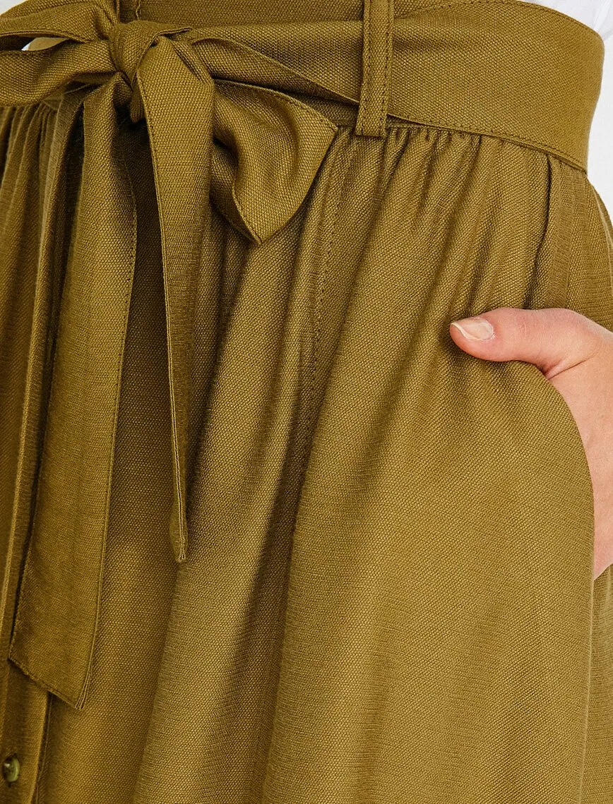 12279 Khaki Tie Waist Midi Skirt