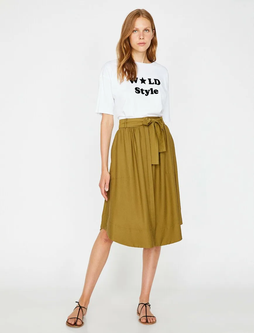 12279 Khaki Tie Waist Midi Skirt