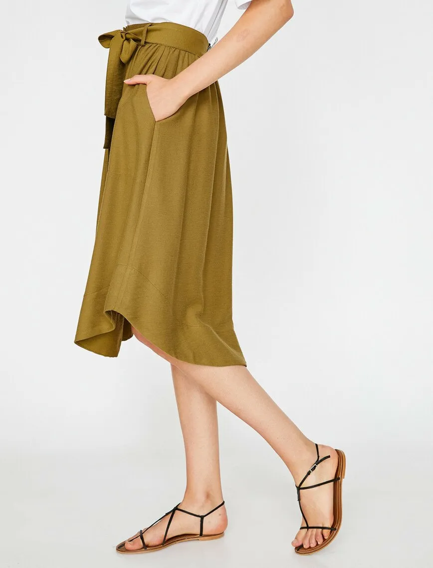 12279 Khaki Tie Waist Midi Skirt