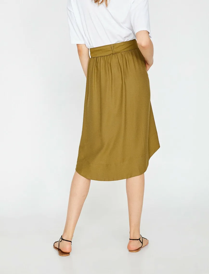 12279 Khaki Tie Waist Midi Skirt