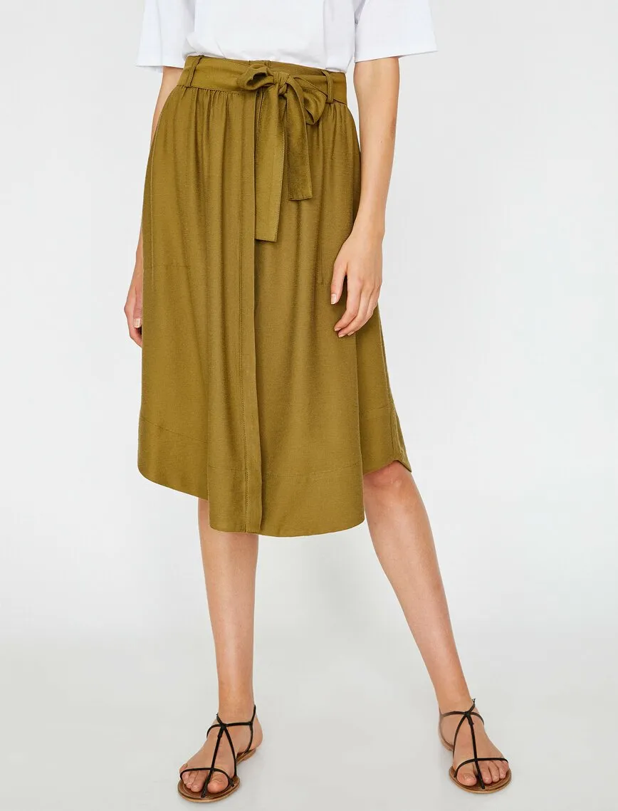 12279 Khaki Tie Waist Midi Skirt