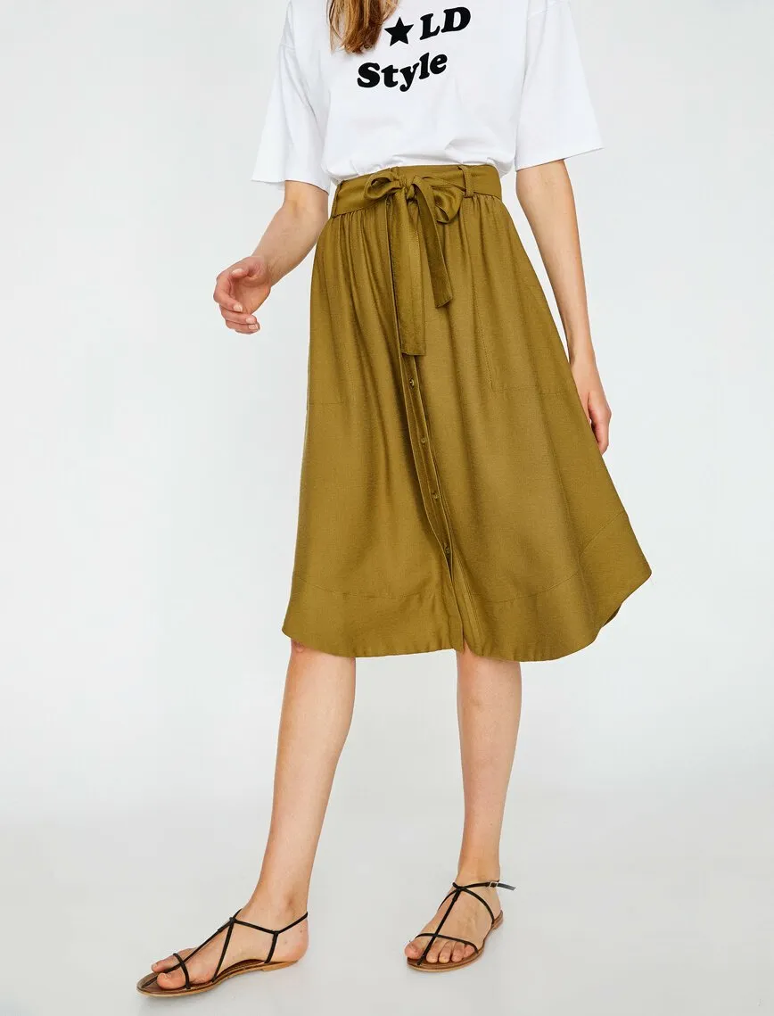 12279 Khaki Tie Waist Midi Skirt