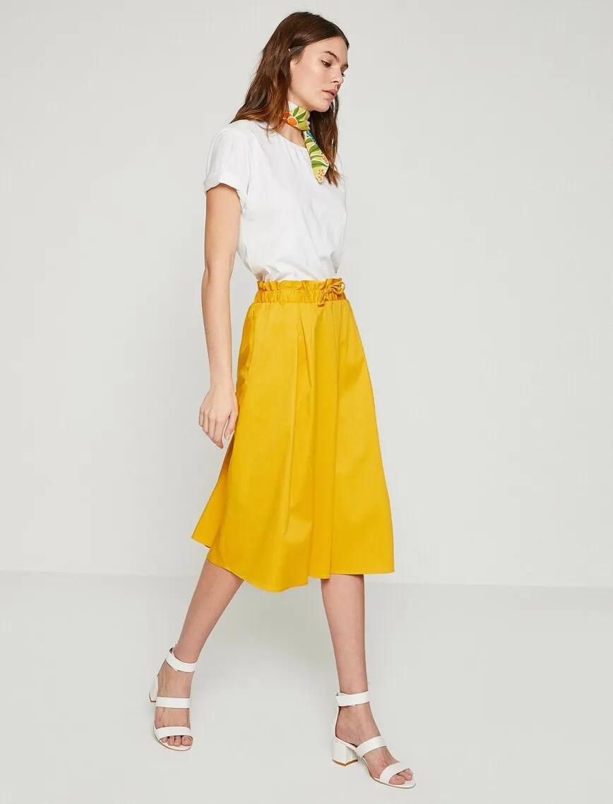 12304 Yellow Tie Waist Midi Skirt