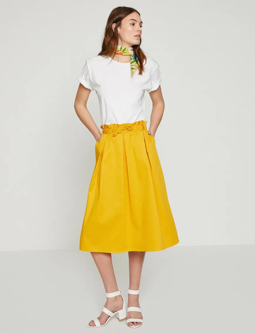 12304 Yellow Tie Waist Midi Skirt