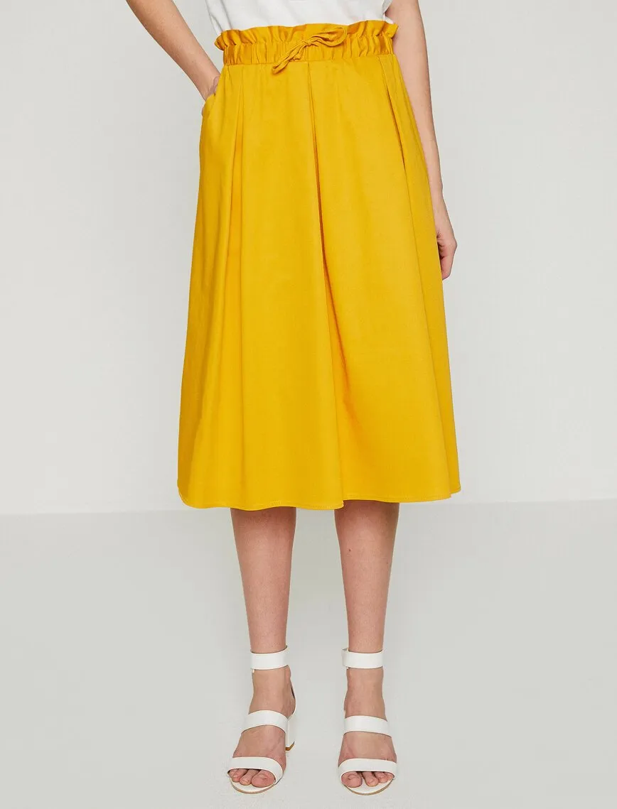 12304 Yellow Tie Waist Midi Skirt