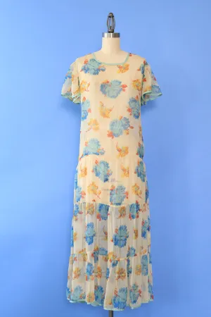 1930s Floral Chiffon Tea Dress XS