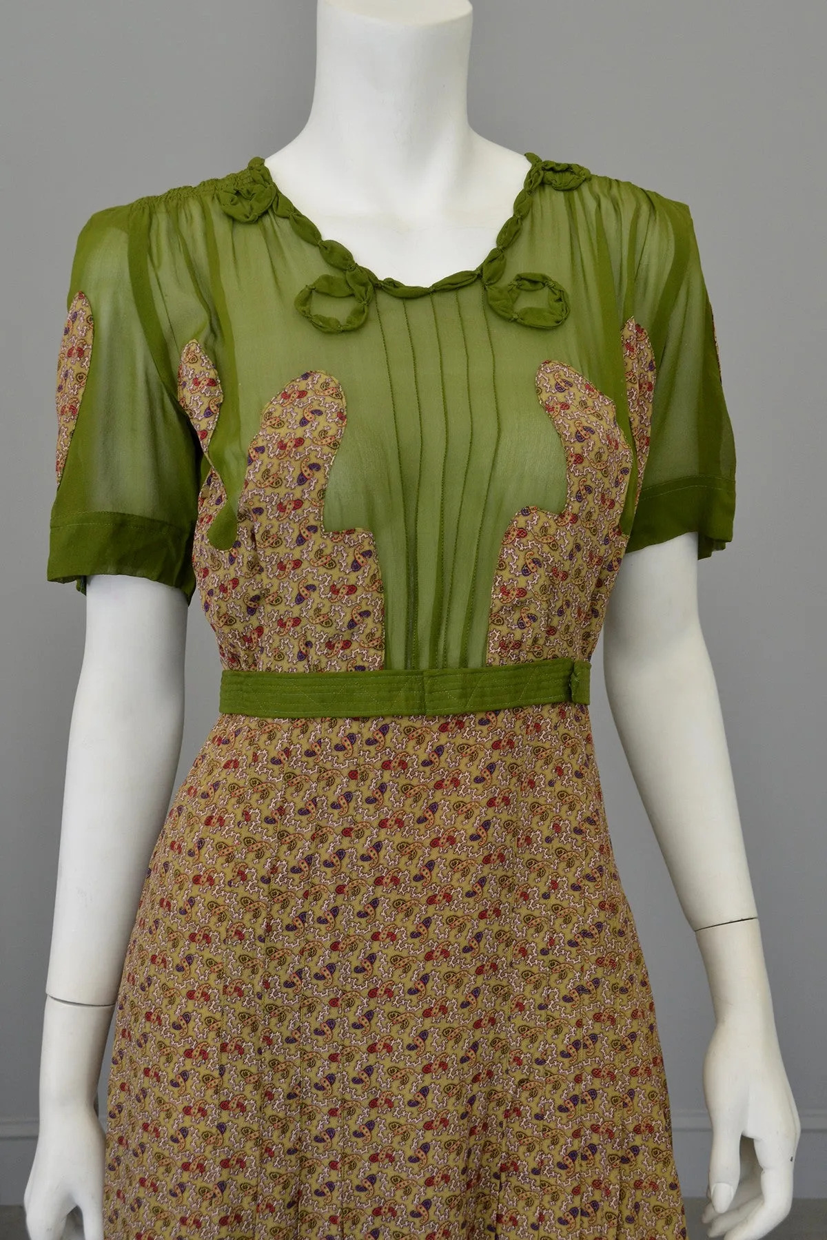 1930s Novelty Print Olive Green Chiffon Appliqué Dress