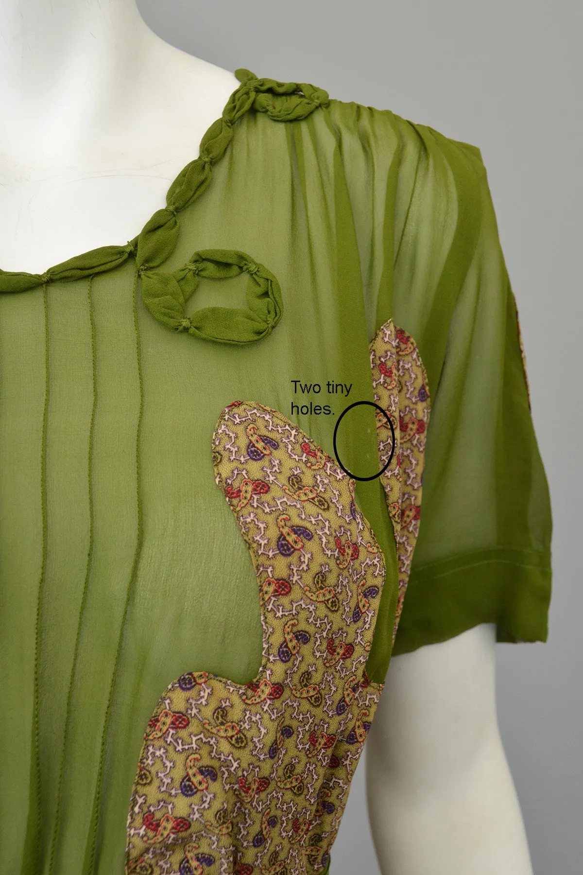 1930s Novelty Print Olive Green Chiffon Appliqué Dress