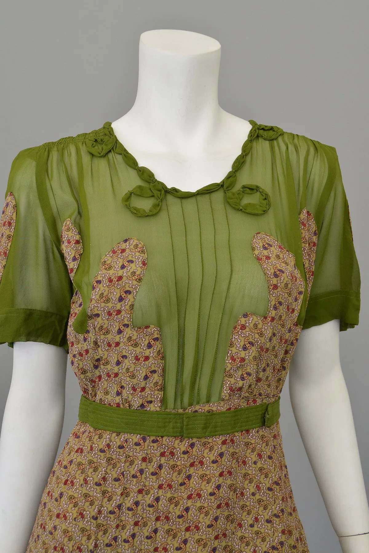 1930s Novelty Print Olive Green Chiffon Appliqué Dress