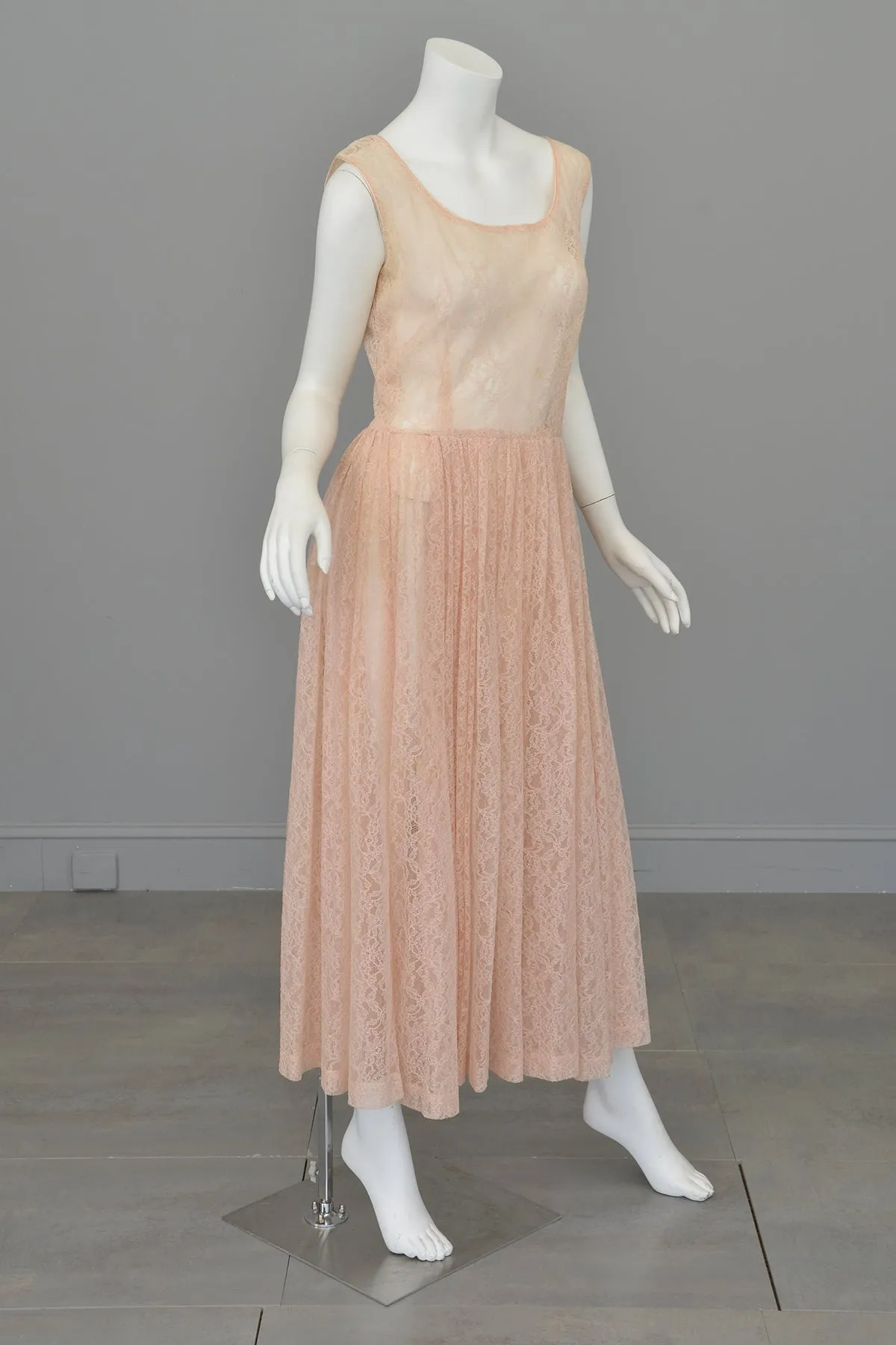 1940s 50s Sheer Light Pink Embroidered Lace Gown