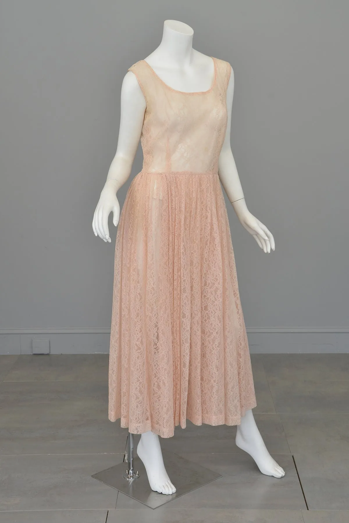 1940s 50s Sheer Light Pink Embroidered Lace Gown