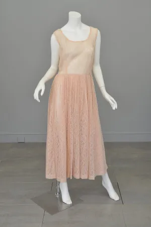 1940s 50s Sheer Light Pink Embroidered Lace Gown