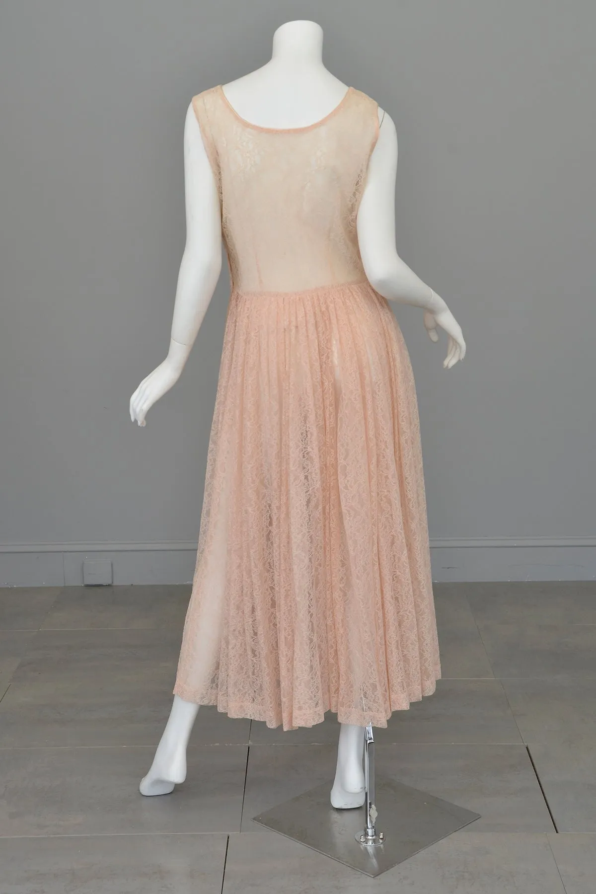 1940s 50s Sheer Light Pink Embroidered Lace Gown