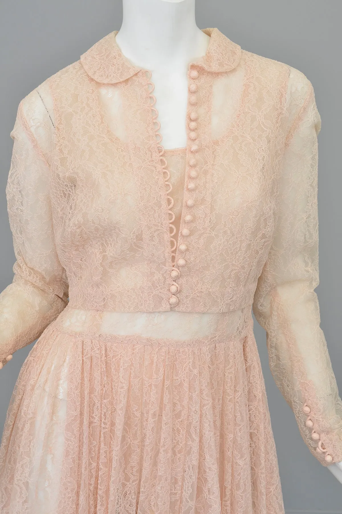 1940s 50s Sheer Light Pink Embroidered Lace Gown