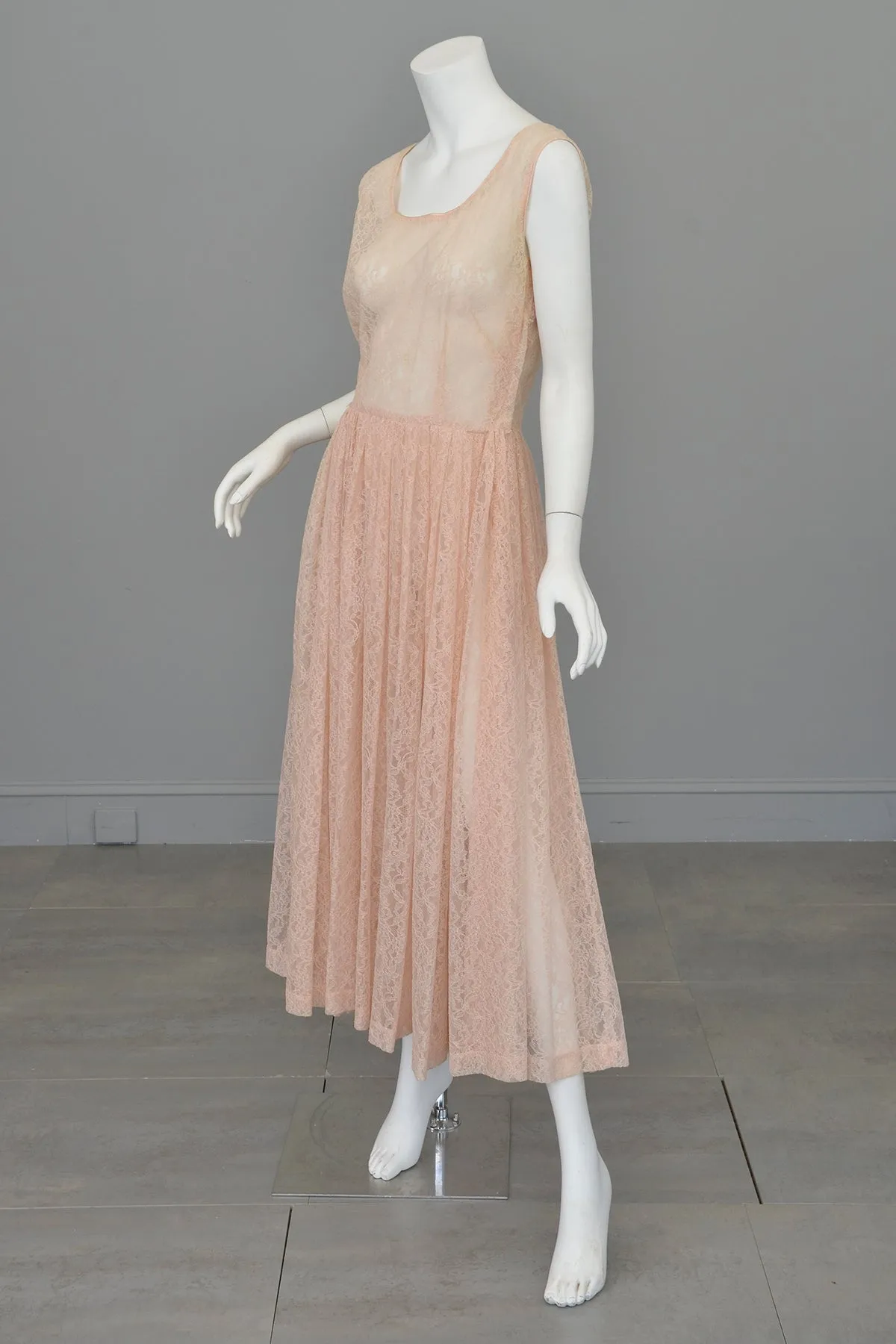 1940s 50s Sheer Light Pink Embroidered Lace Gown