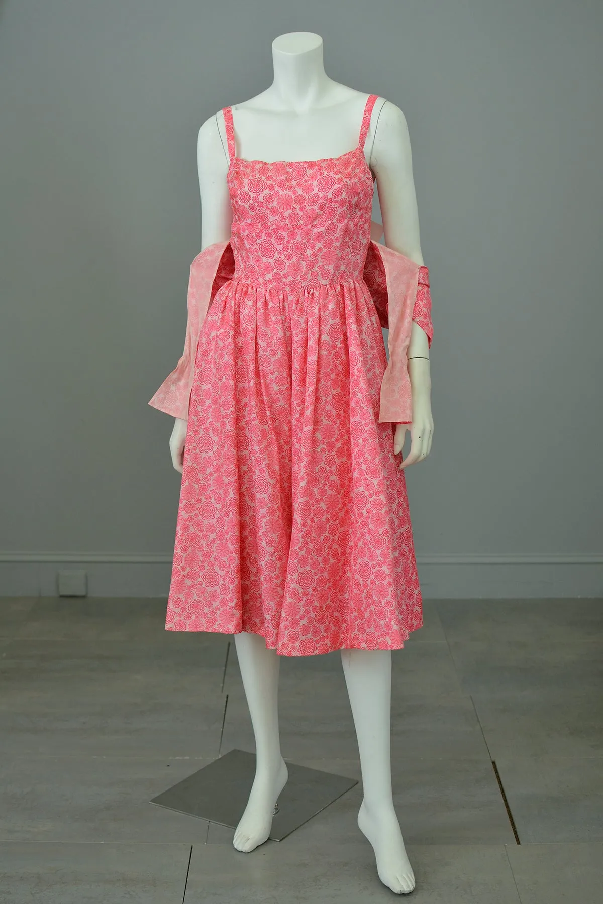 1950s Barbie Hot Pink Pinwheels Print Fit and Flare Party Dress with Attached Tie Front Shrug