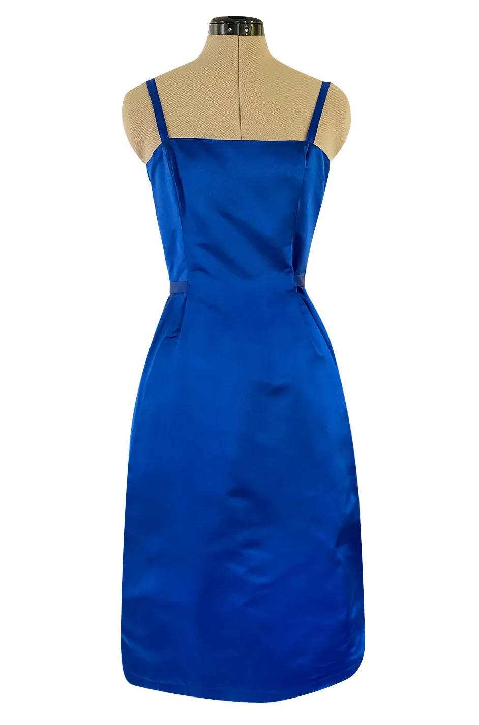 1950s Brilliant Blue Silk Satin Dress w Wrap Detailing & Matching Cropped Bolero Jacket