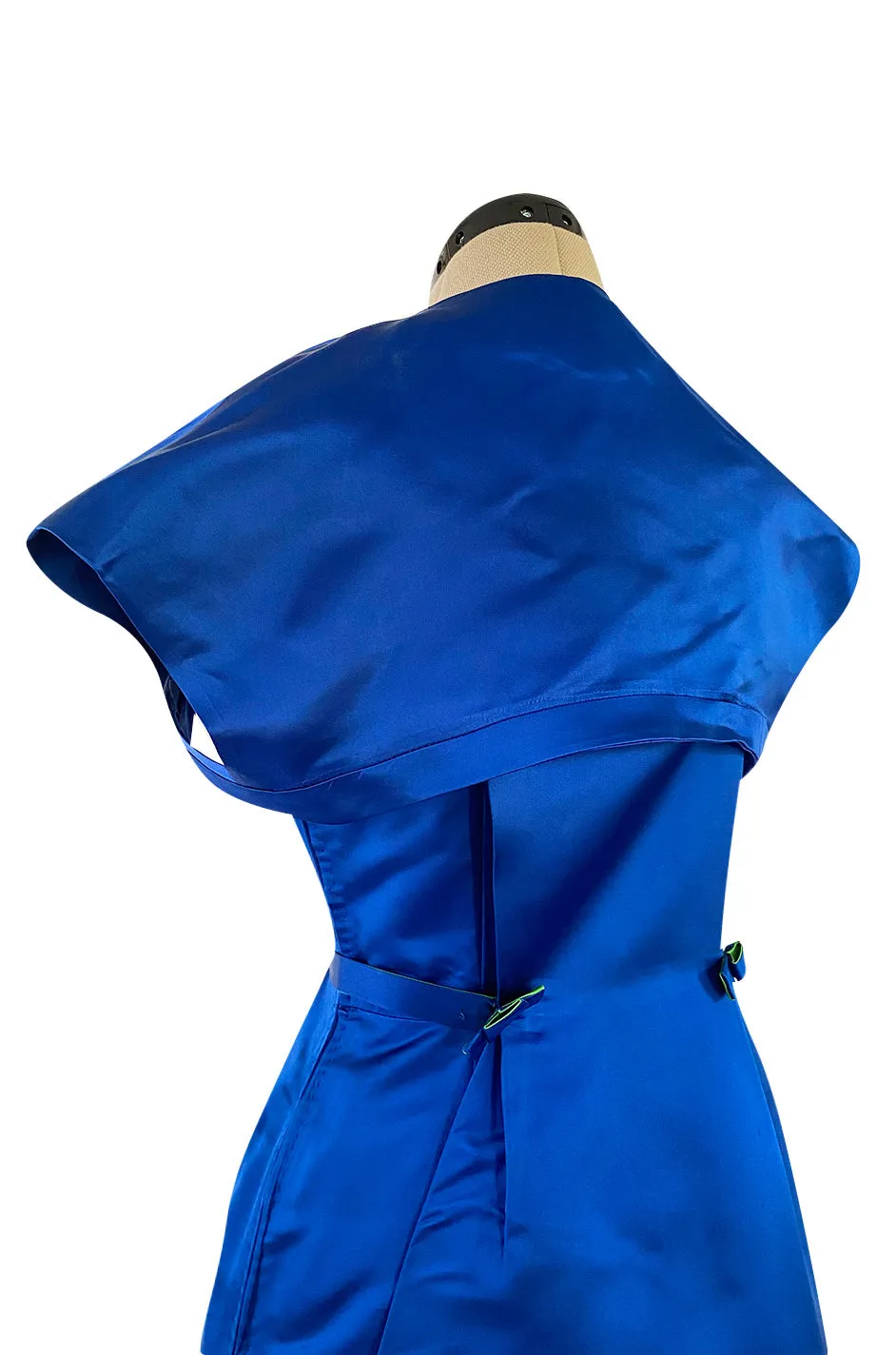 1950s Brilliant Blue Silk Satin Dress w Wrap Detailing & Matching Cropped Bolero Jacket