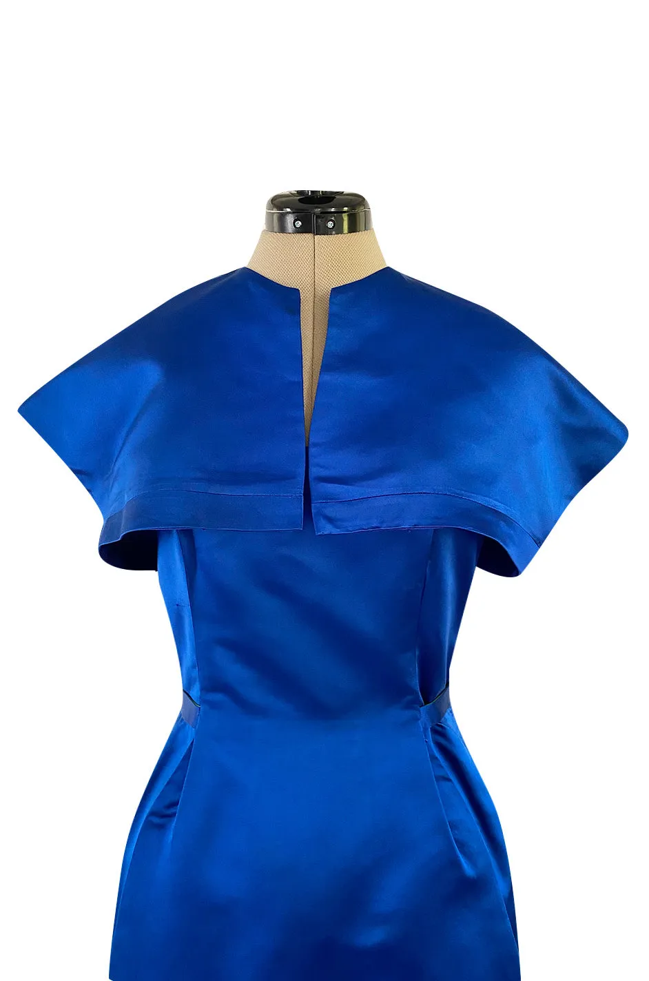 1950s Brilliant Blue Silk Satin Dress w Wrap Detailing & Matching Cropped Bolero Jacket