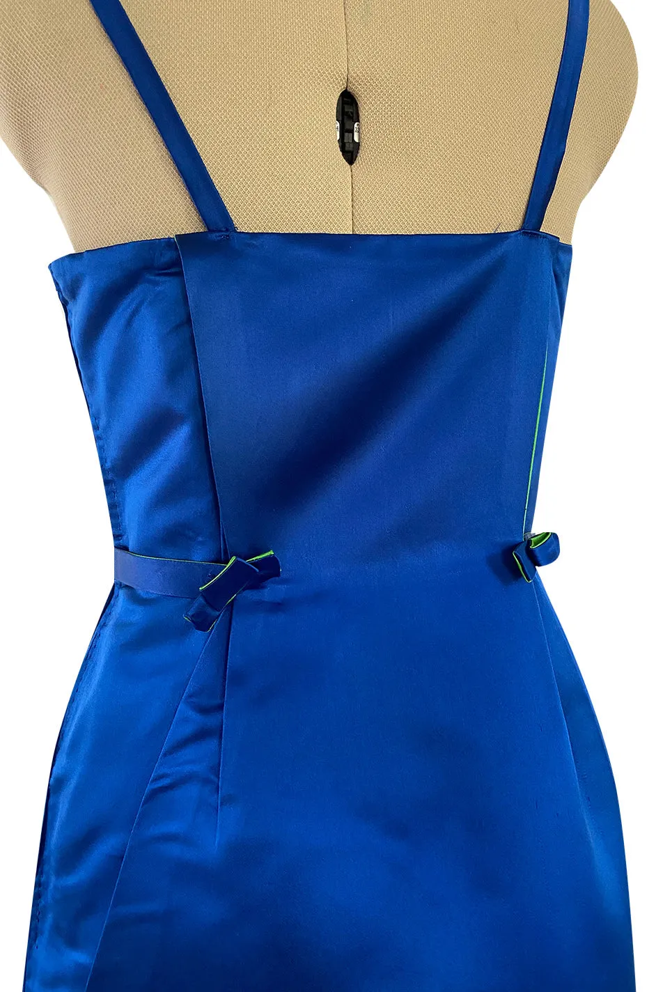 1950s Brilliant Blue Silk Satin Dress w Wrap Detailing & Matching Cropped Bolero Jacket