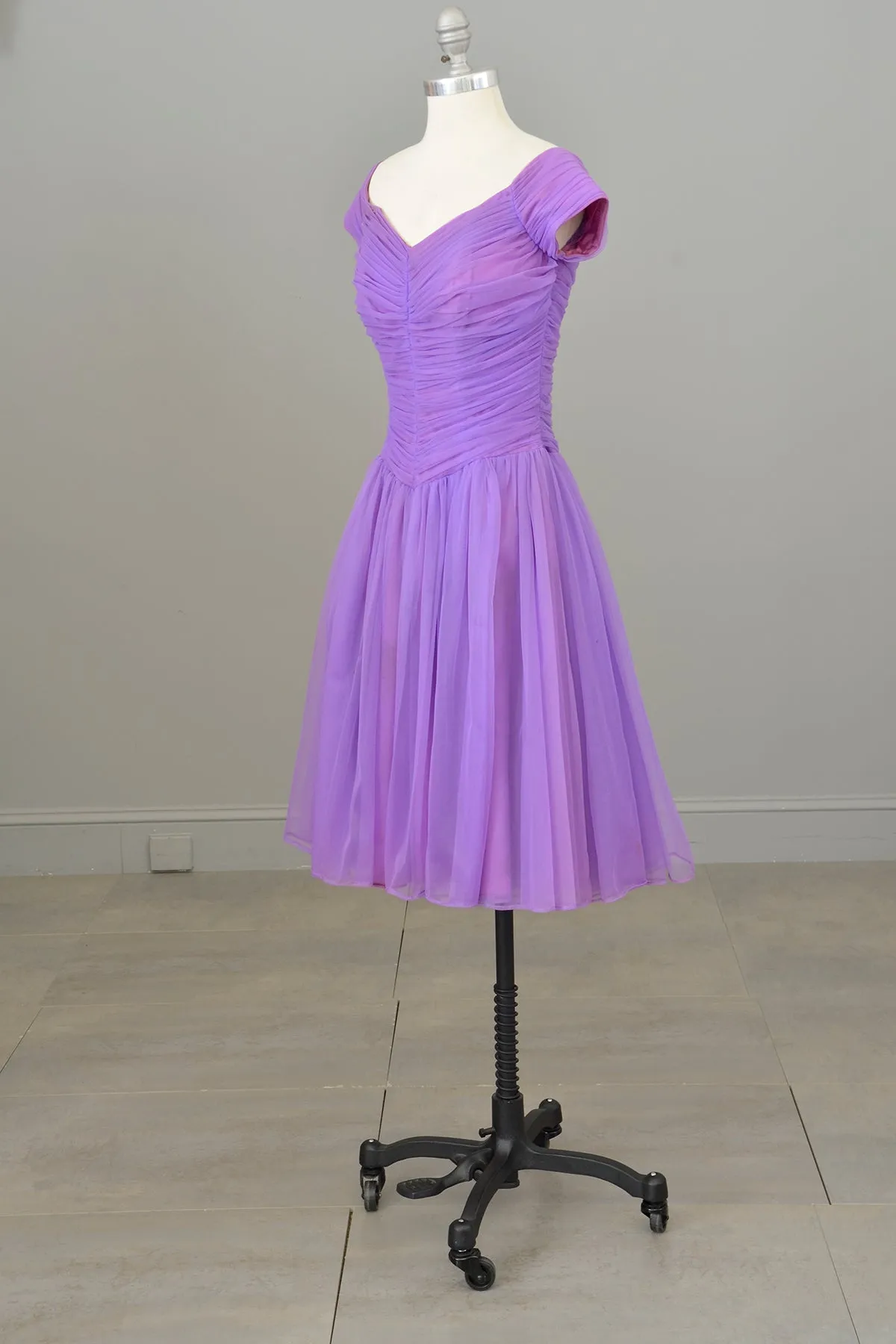 1960s 70s Vibrant Purple Ruched Party Dress