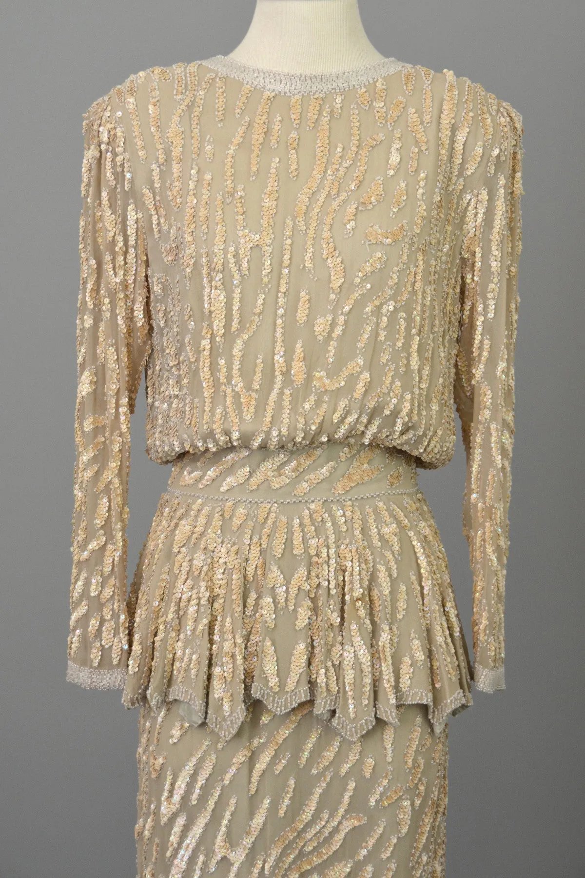 70s does 40s Beaded Pearls Silk Peplum Two Piece Vintage Dress