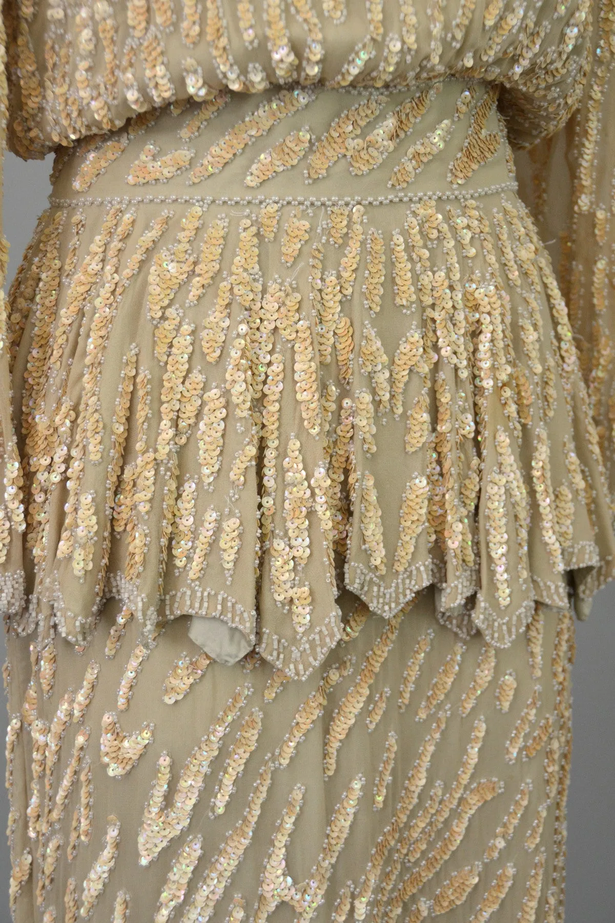 70s does 40s Beaded Pearls Silk Peplum Two Piece Vintage Dress