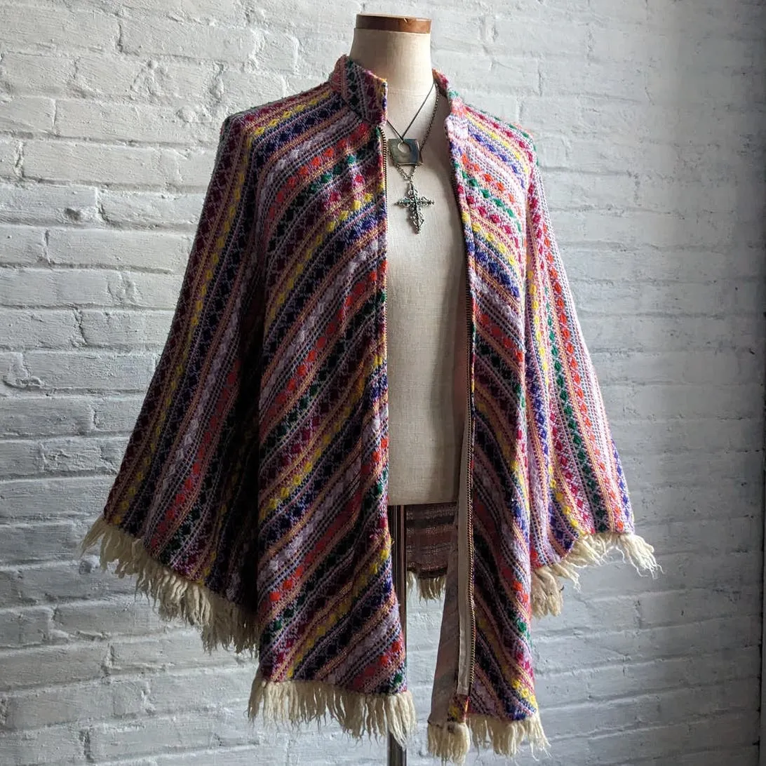 70s Vintage Knit Rainbow Southwest Blanket Poncho Hippie Fringe Trippy Vest Cape