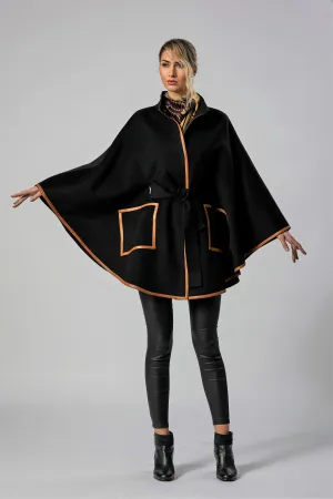 ALICE Black Belted Cape Coat in Virgin Wool Cashmere Black Leather