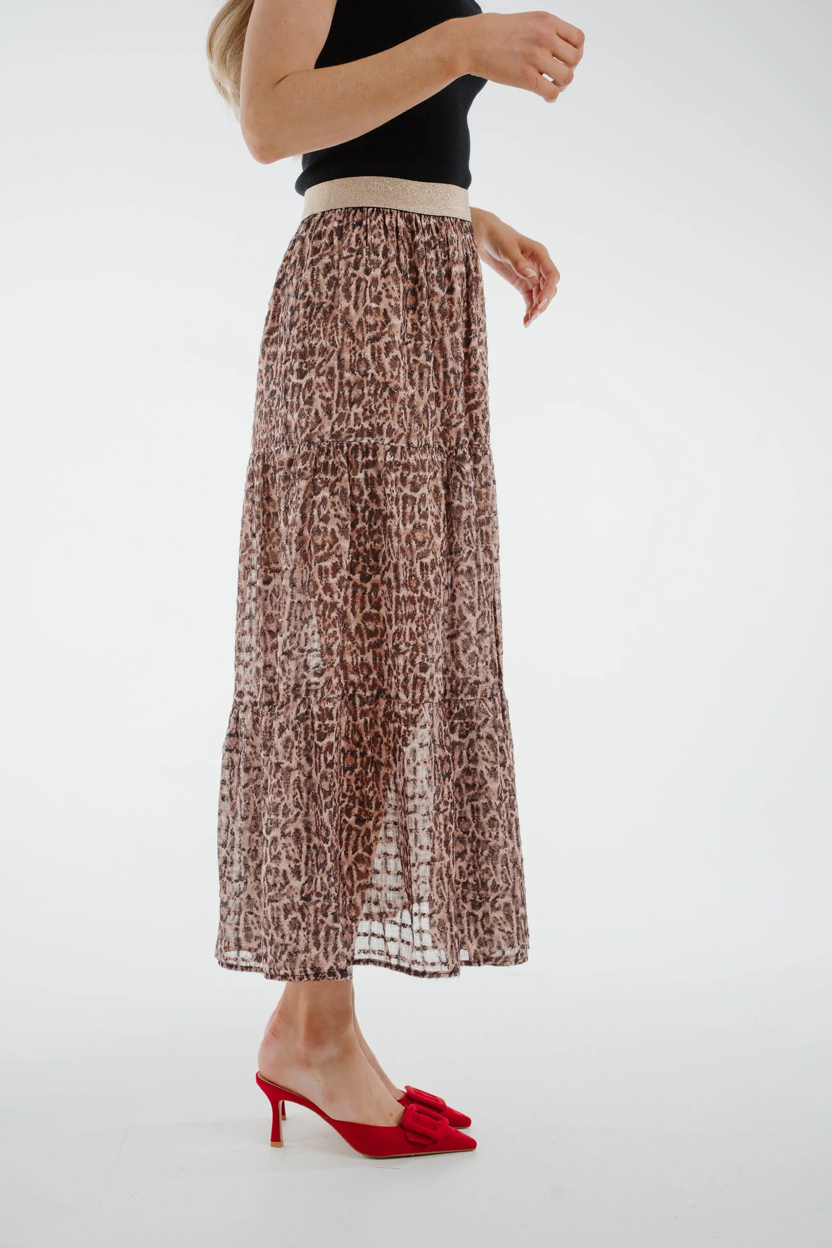 Ally Tiered Midi Skirt In Leopard Print