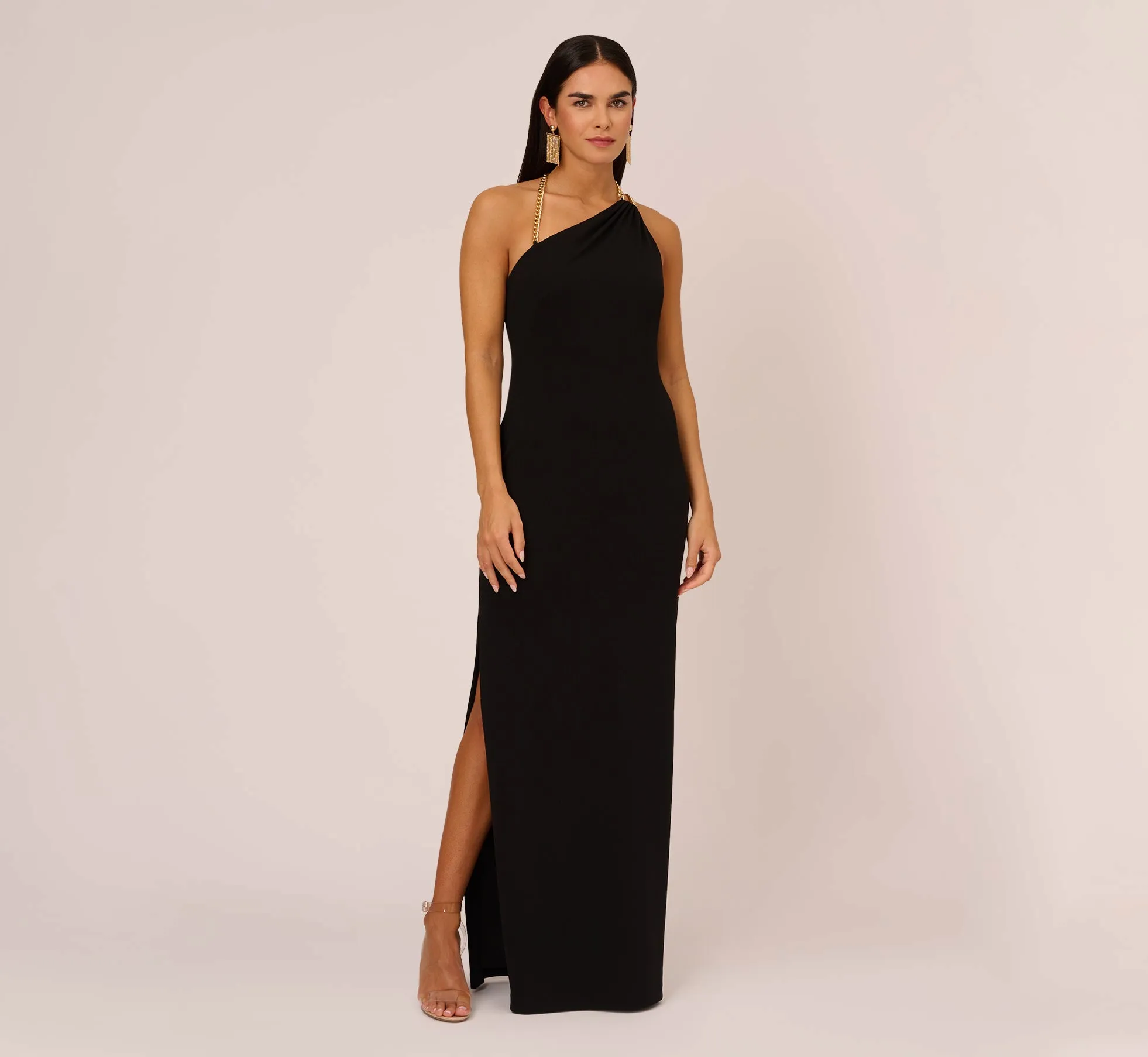 Asymmetrical Crepe Column Gown With Chain Straps In Black