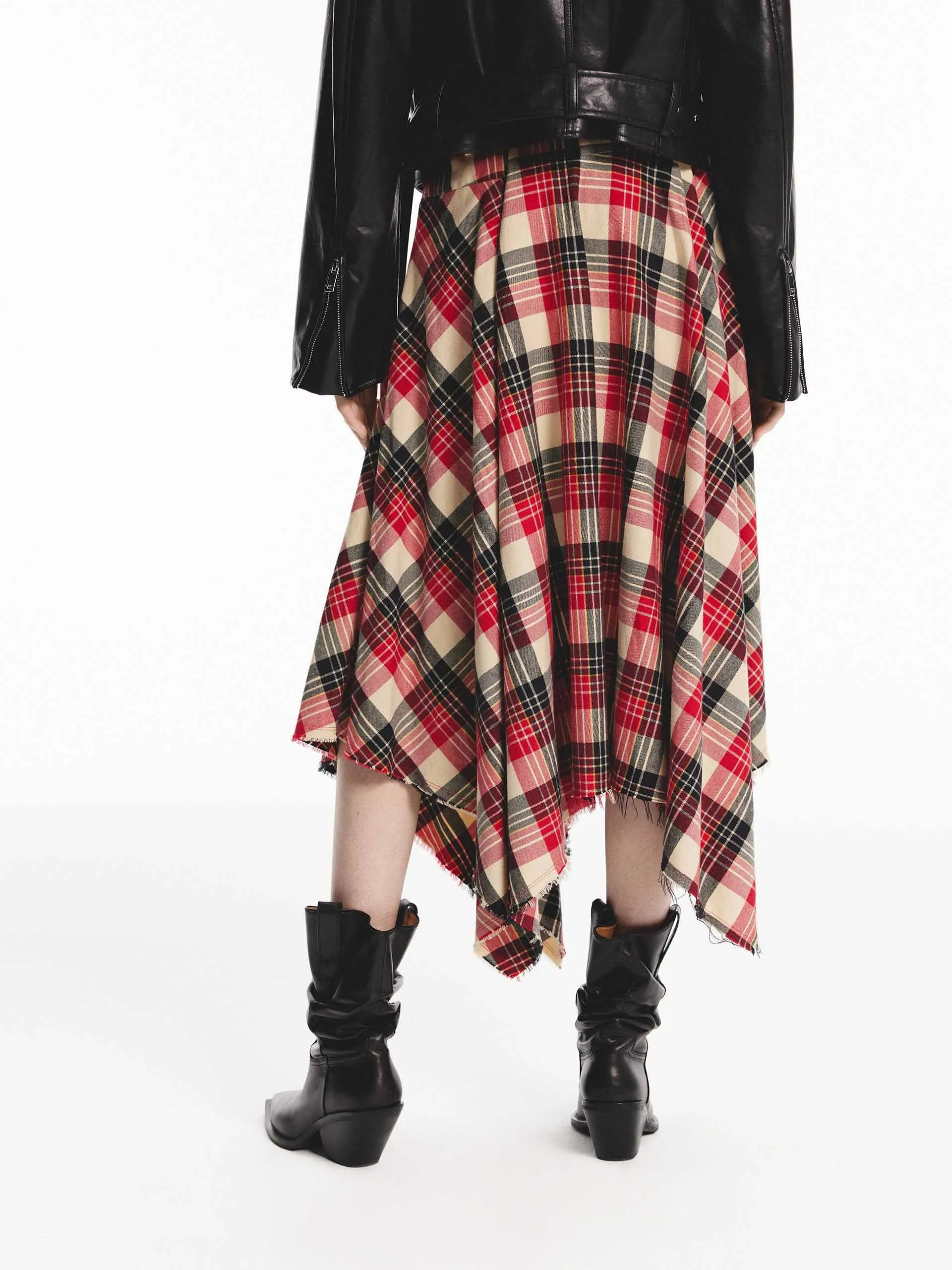 Asymmetrical Hem Plaid Skirt