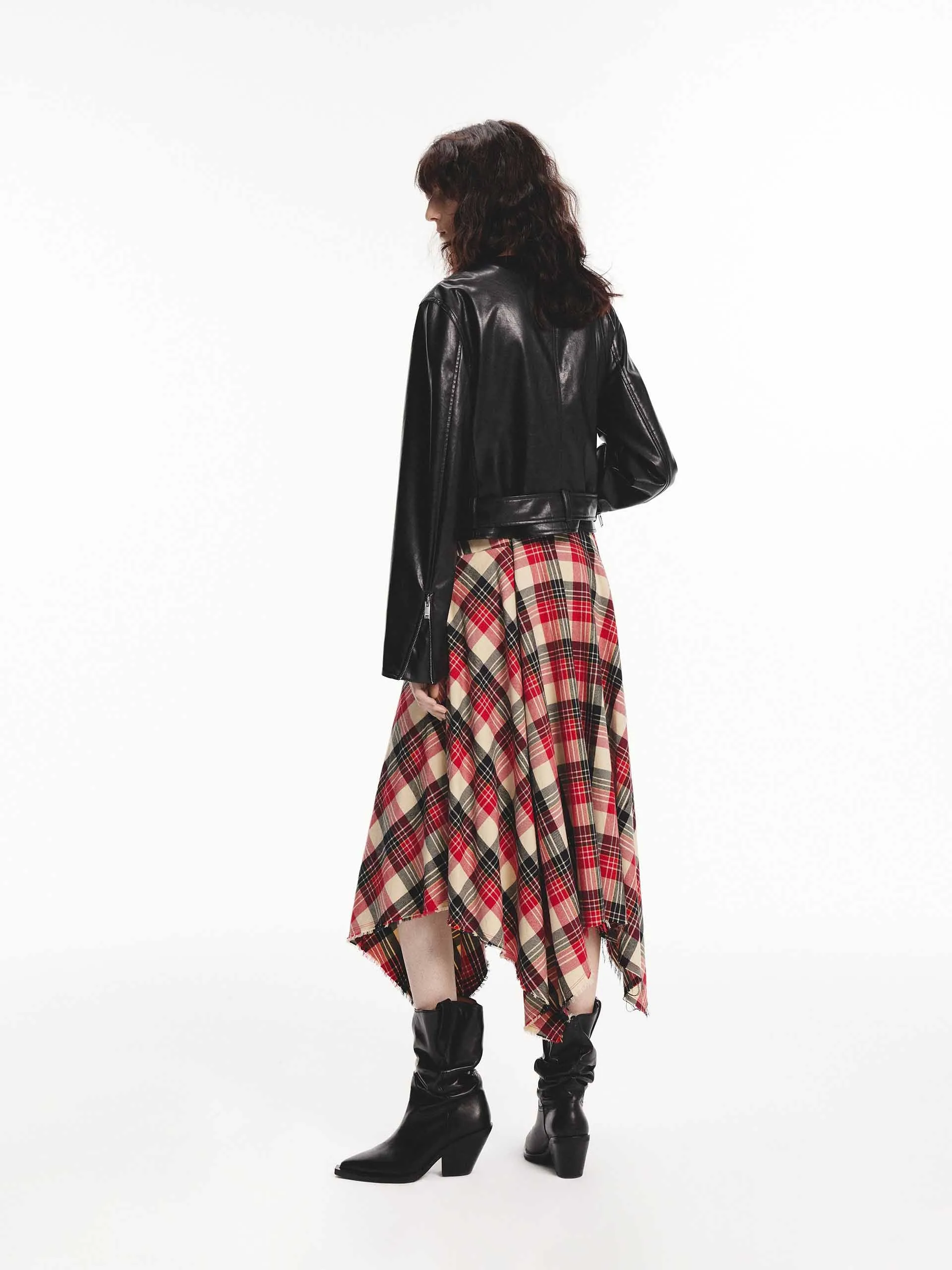 Asymmetrical Hem Plaid Skirt