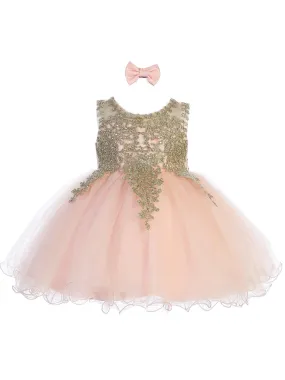 Baby Girls Blush Gold Lace Tulle Short Pageant Easter Dress 6-24M