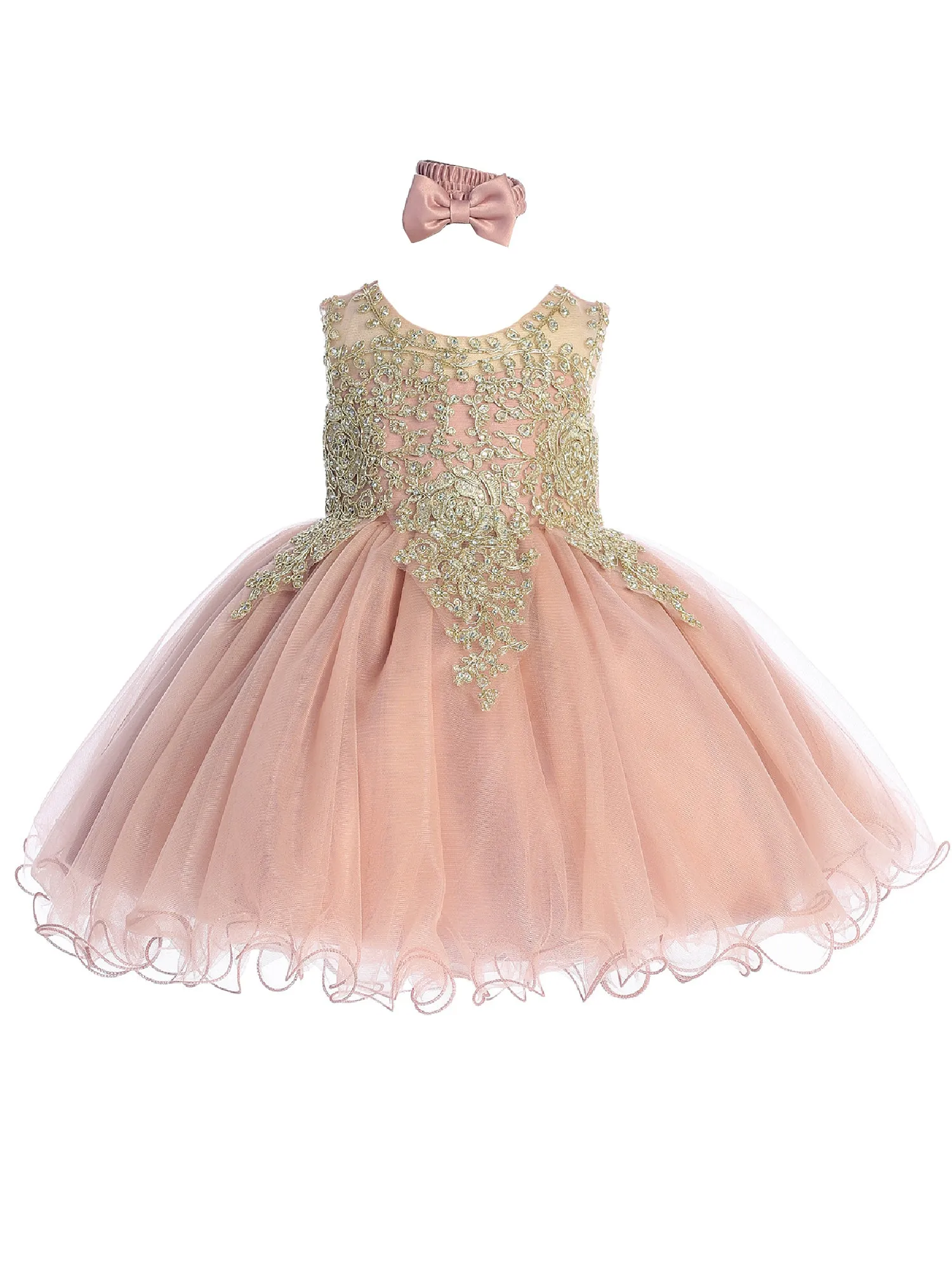 Baby Girls Dusty Rose Gold Lace Wired Tulle Flower Girl Dress 6-24M