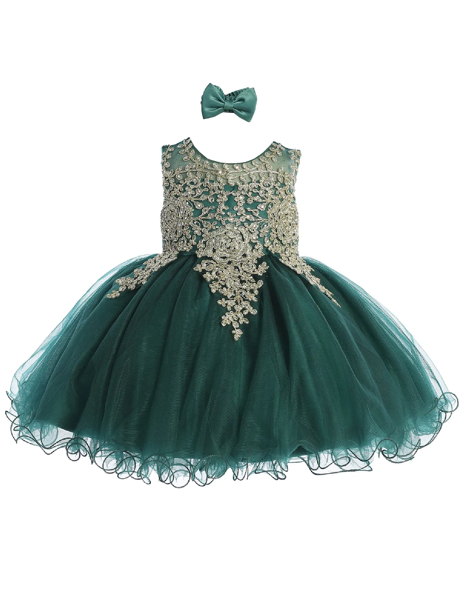 Baby Girls Emerald Green Gold Lace Wired Tulle Flower Girl Dress 6-24M