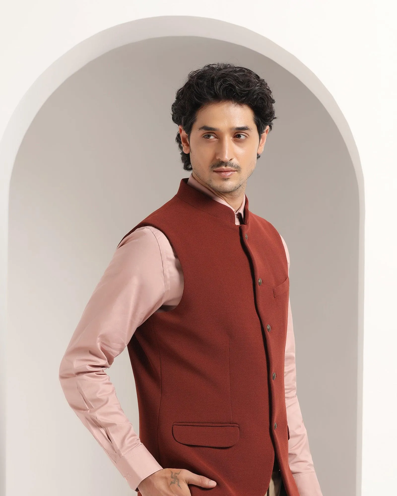 Bandhgala Formal Rust Textured Waistcoat - Echo