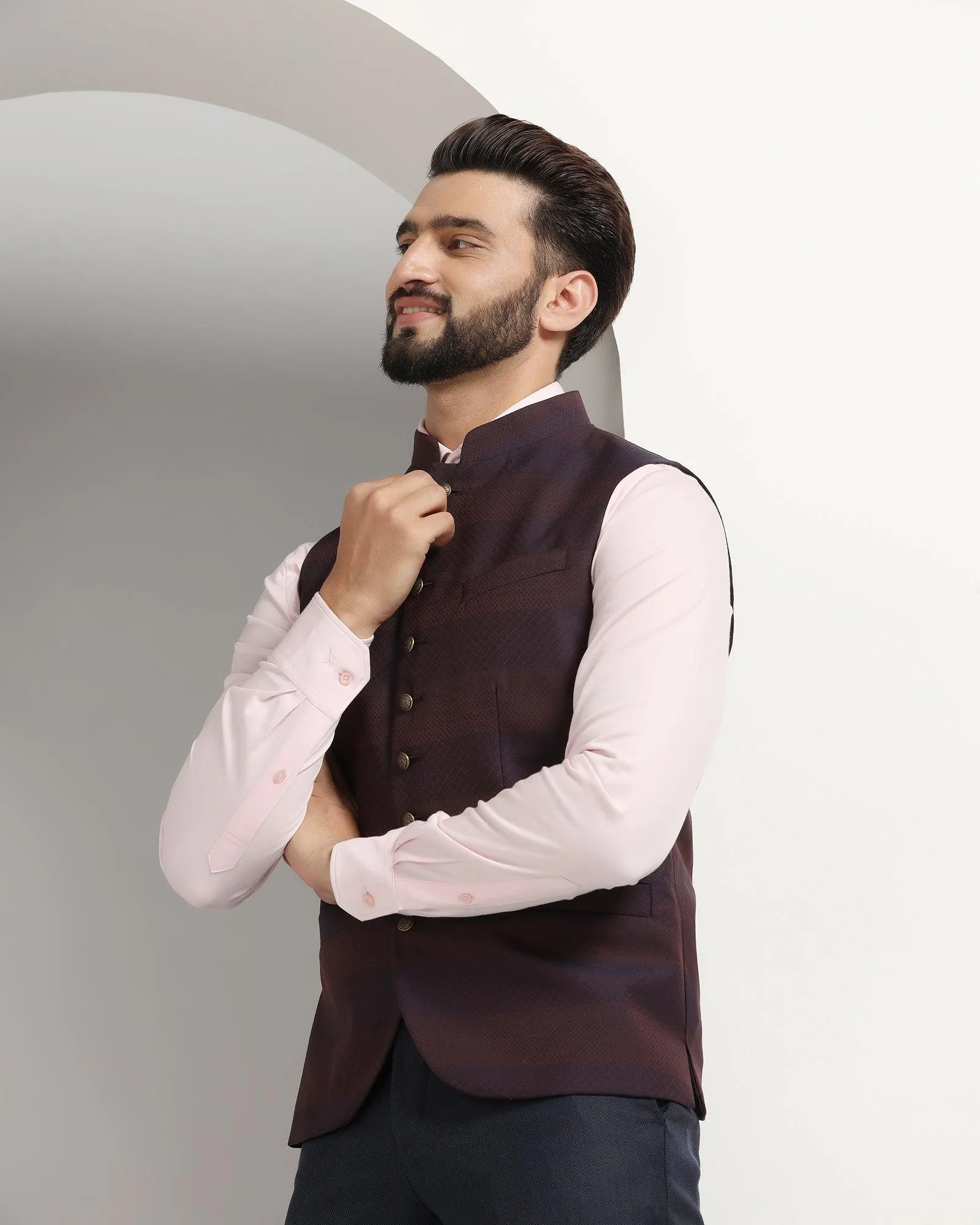 Bandhgala Formal Wine Striped Waistcoat - Korlan