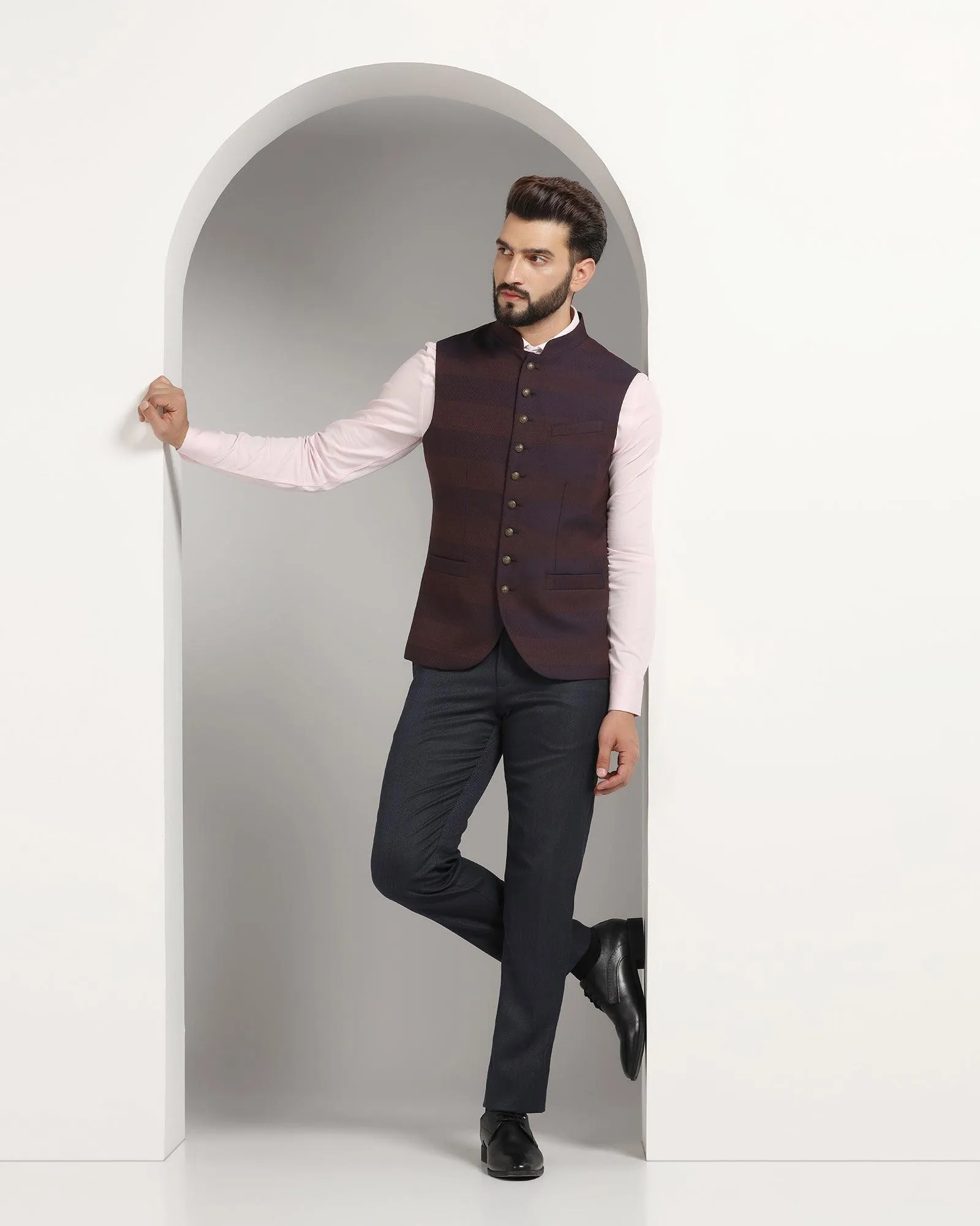 Bandhgala Formal Wine Striped Waistcoat - Korlan