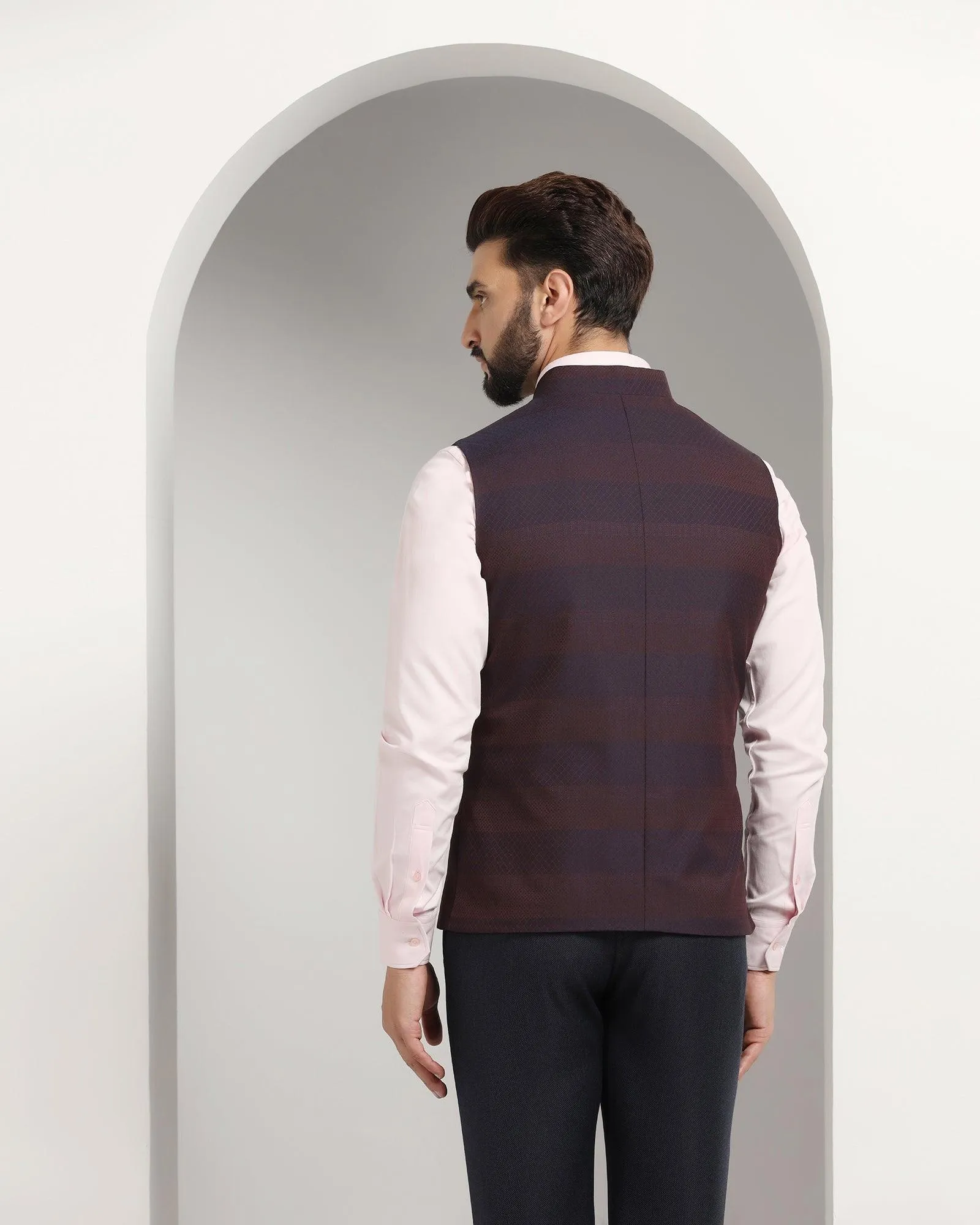 Bandhgala Formal Wine Striped Waistcoat - Korlan