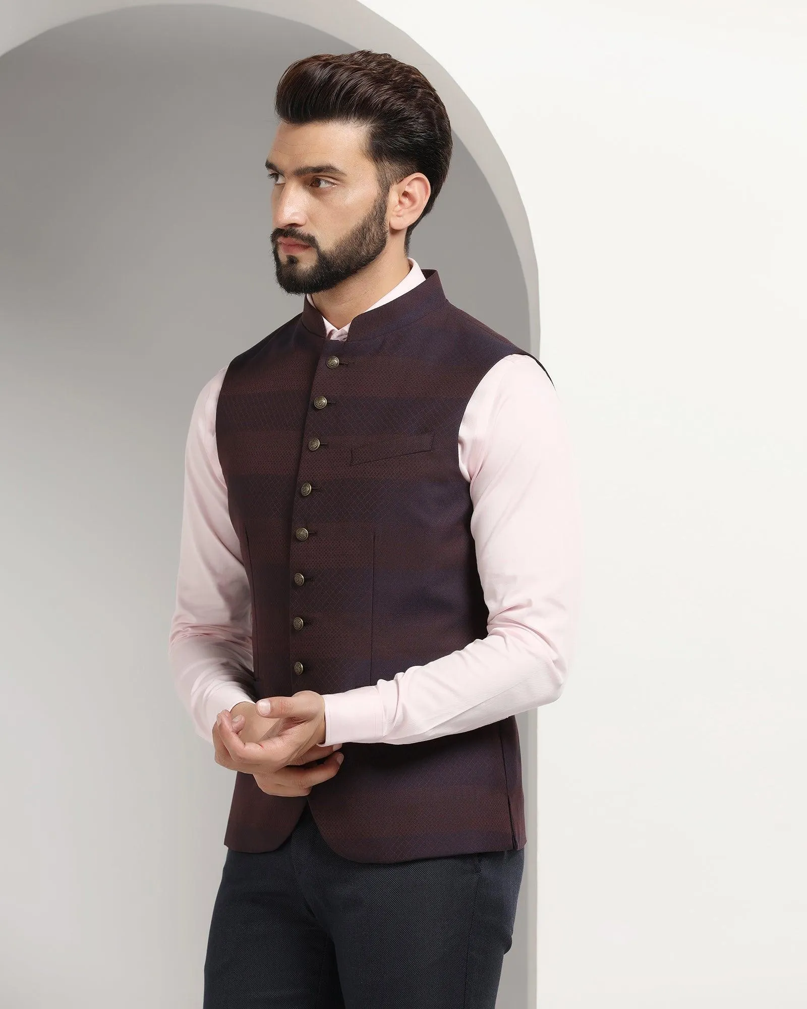 Bandhgala Formal Wine Striped Waistcoat - Korlan