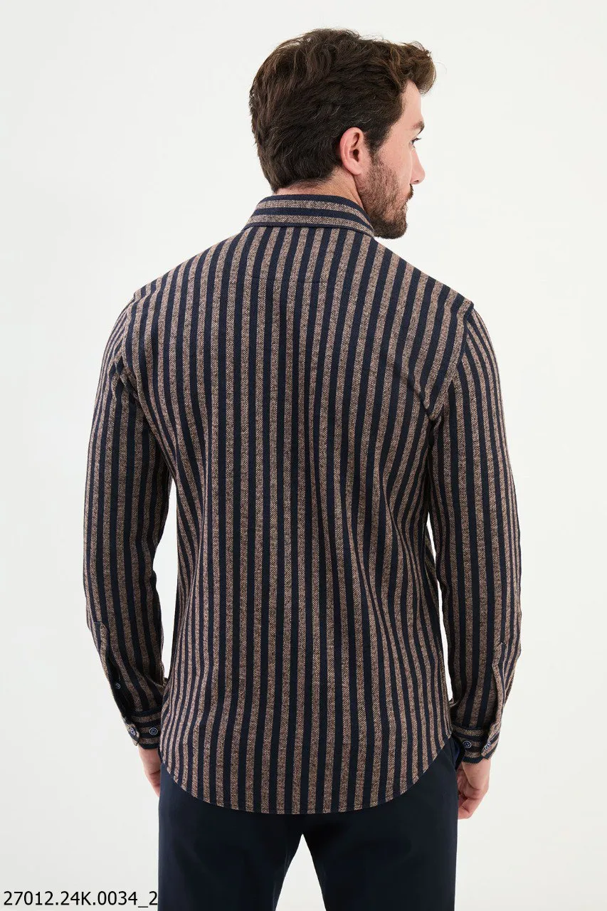 Beige and Navy Blue Striped Men's Shirt.