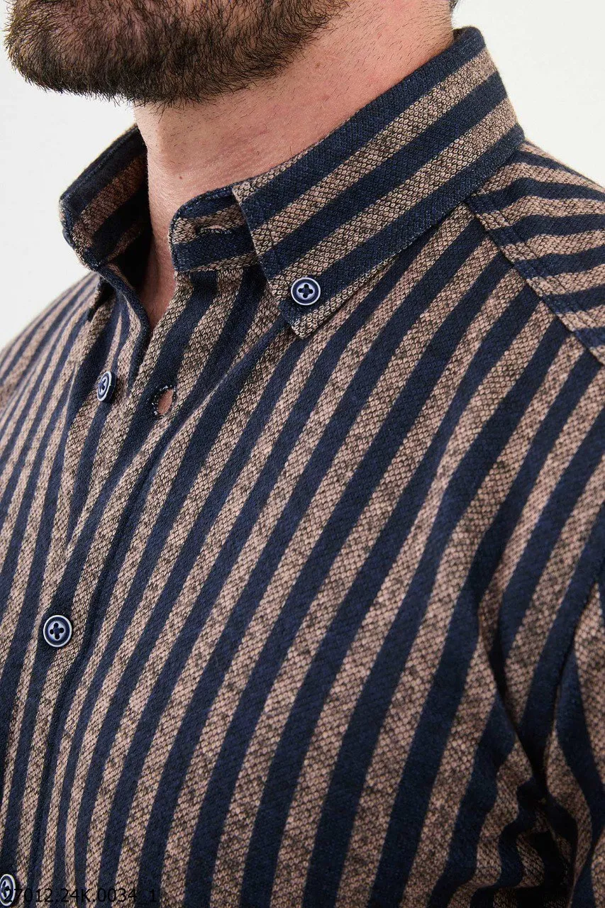 Beige and Navy Blue Striped Men's Shirt.