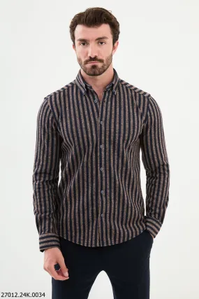 Beige and Navy Blue Striped Men's Shirt.